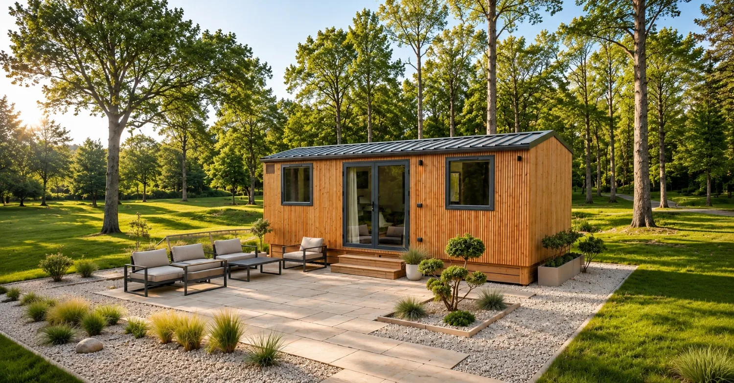 Vue panoramique d'une tiny house Premium My Little Group installée dans un jardin