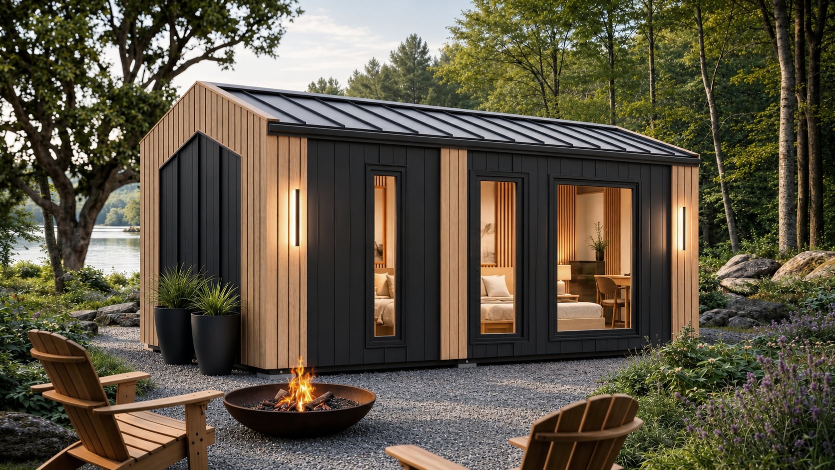 Façade d'une tiny house Prestige One My Little Group installée sur un terrain privé